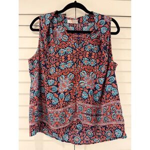 Renee C Womens XL Navy Orange Floral Paisley Sleeveless V-Neck Blouse Everyday